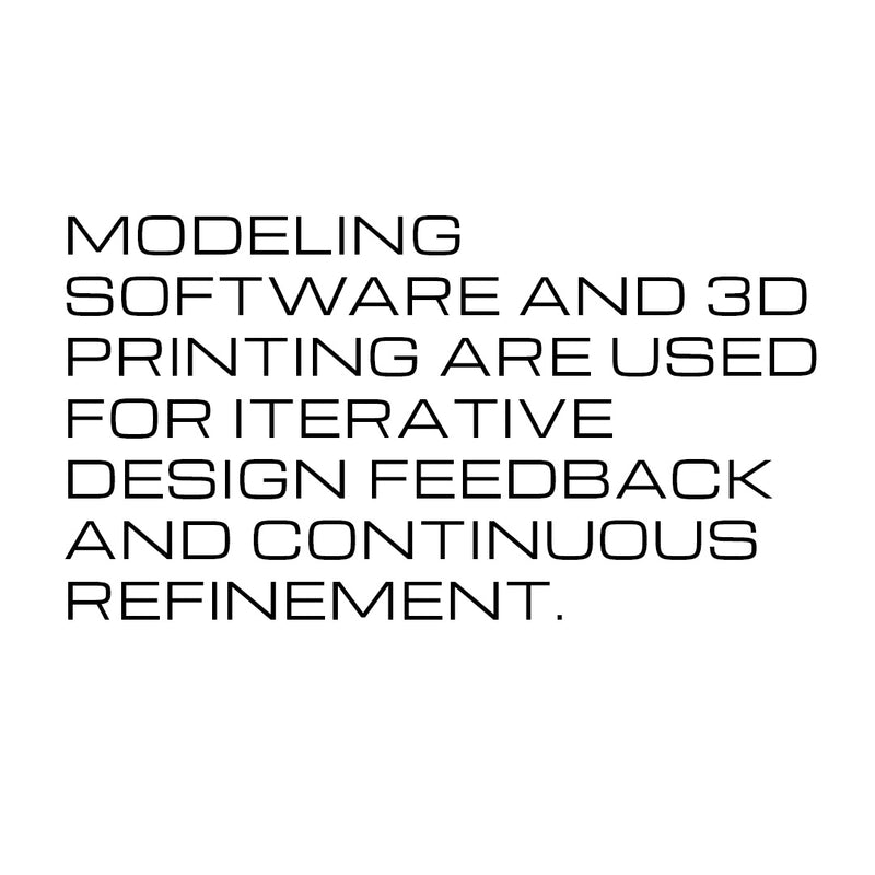 Modeling software and 3D printing are used for iterative design feedback and continuous refinement.